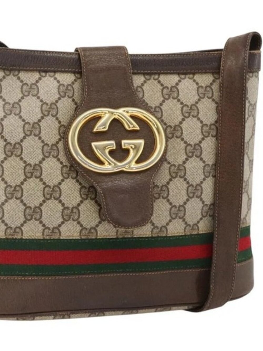 GUCCI GG WEB CANVAS BROWN LEATHER TRIM SHERRY LINE DETAIL LEATHER SHOULDER PURSE
